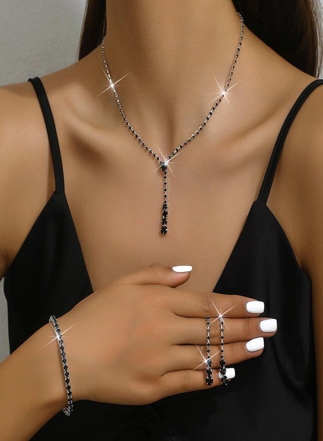 DATOA Sparkling Jewelry Set Wedding Jewelry Sets for Women Dainty Imitation Crystal Necklace Bracelet Earrings Set Wedding Accessories for Brides - Black - Image 2